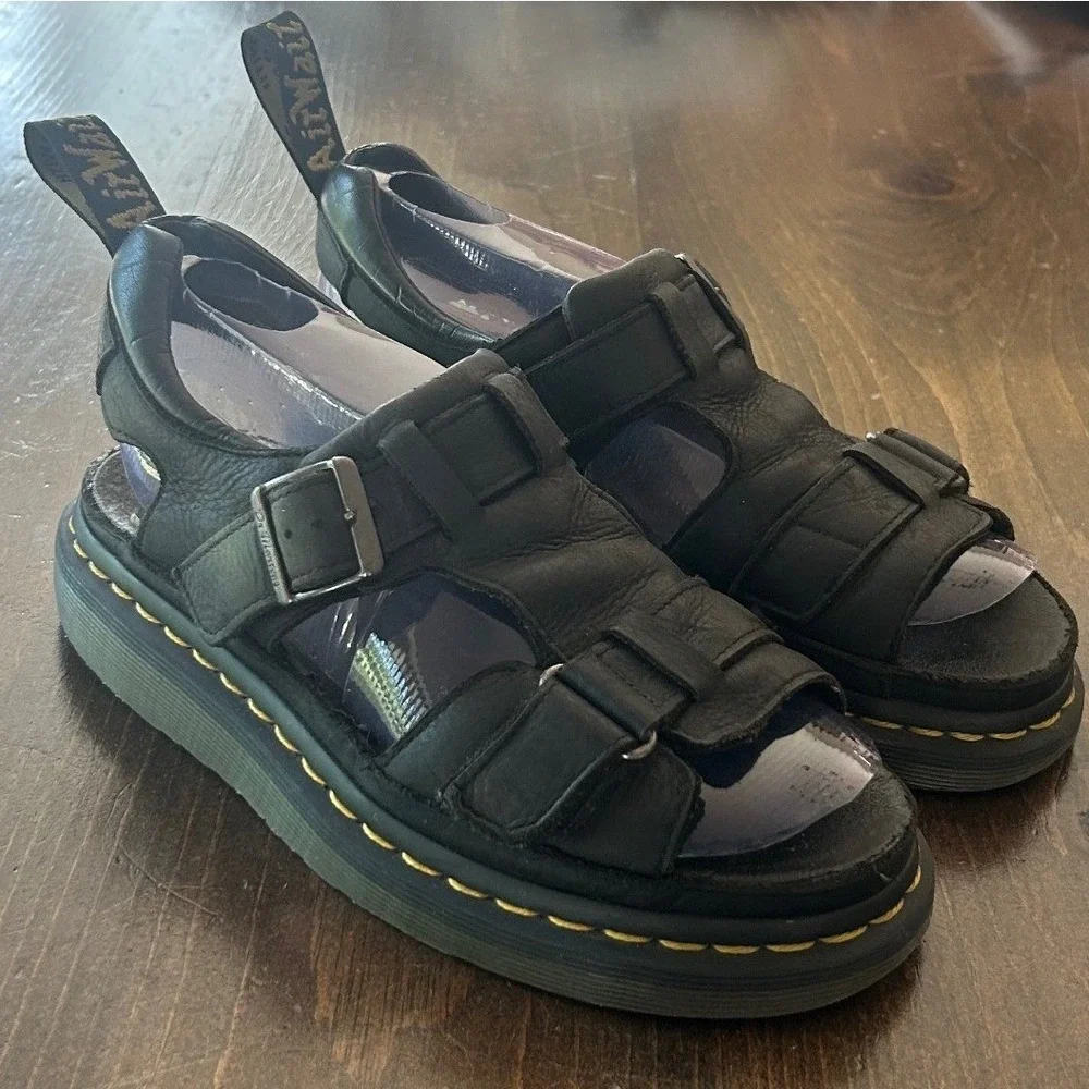 Dr. Martens Fisherman Sandals Black Leather Caged Buckle AirWair Sole Unisex
